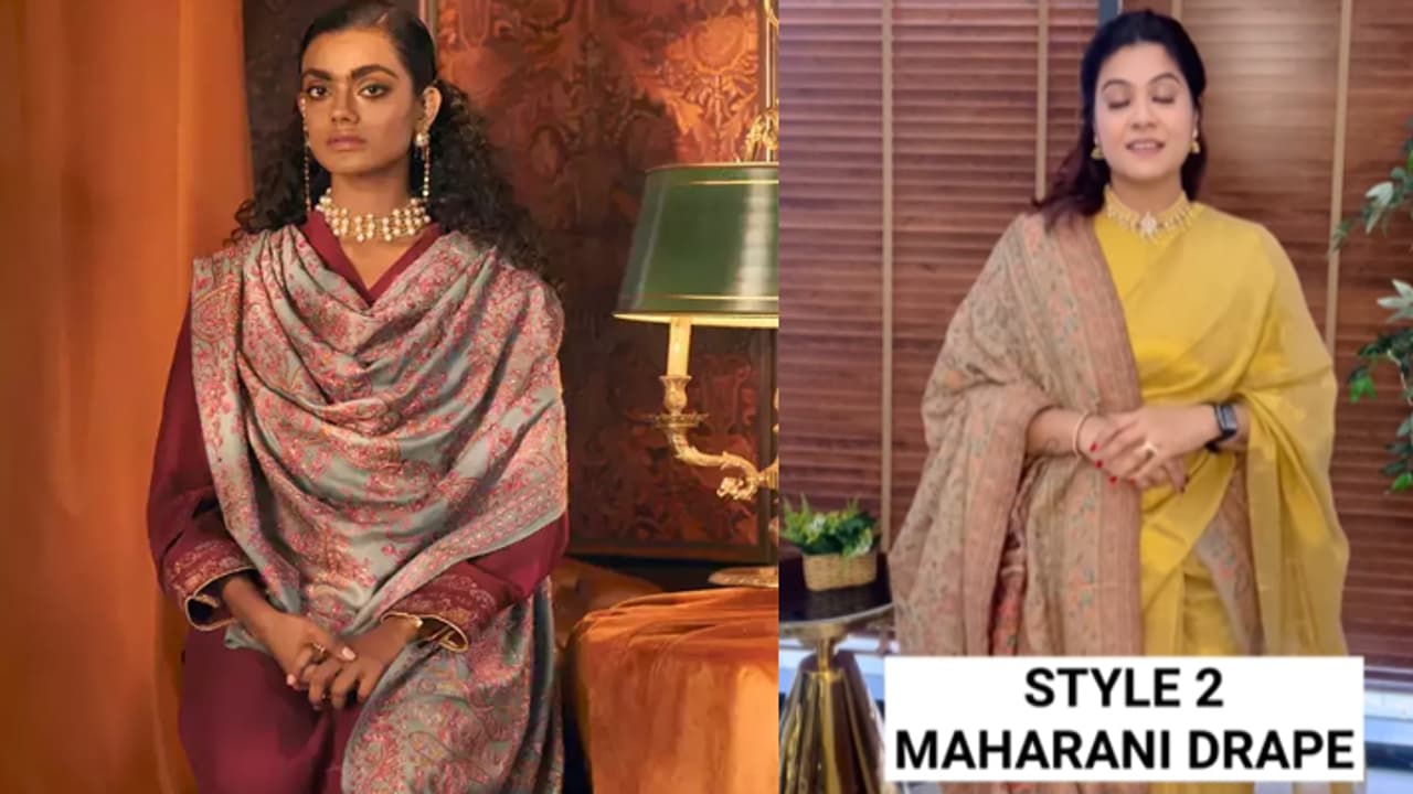 Two ways to carry shawl on simple saree Two ways to carry shawl on simple saree