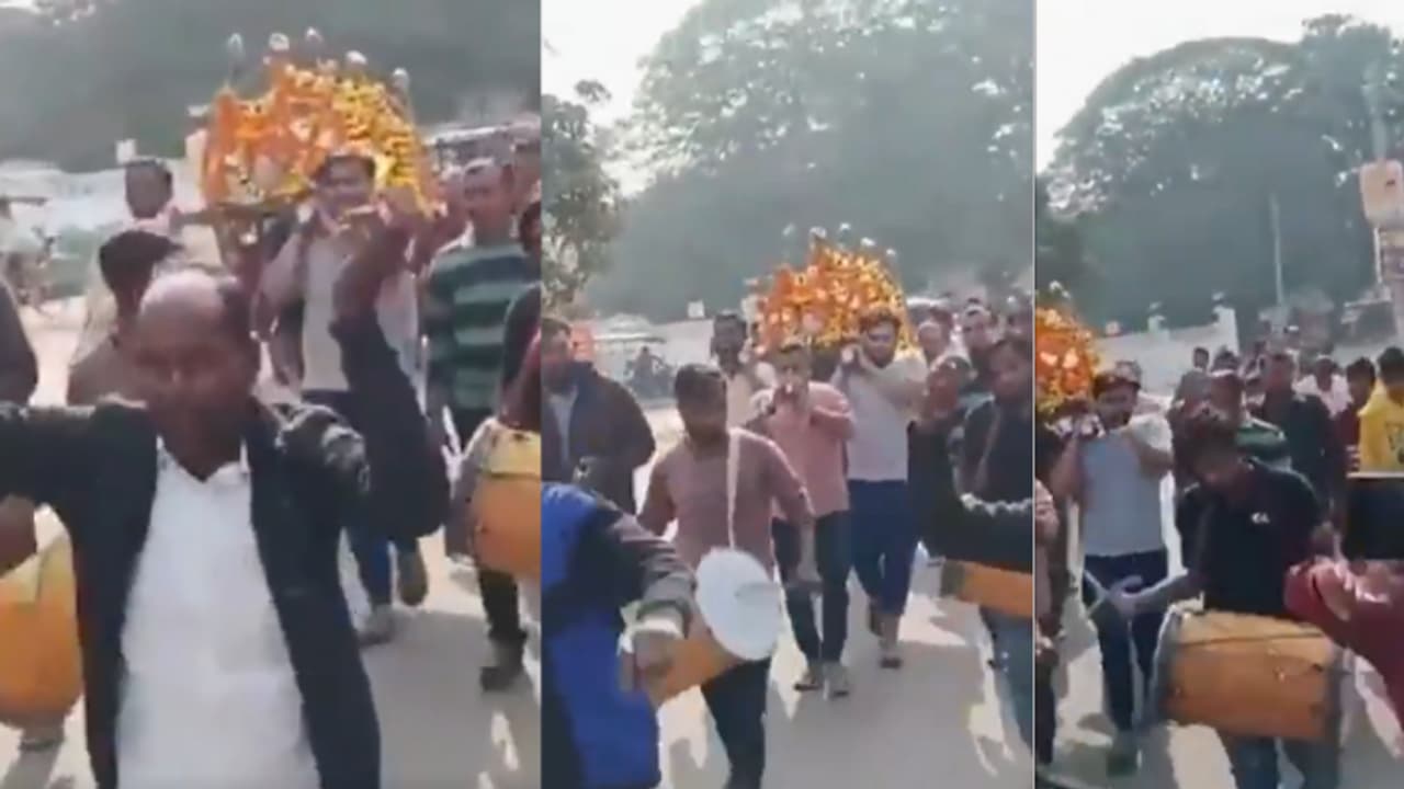 UP Sultanpur fathers funeral son celebration dance dj final rites viral video 
