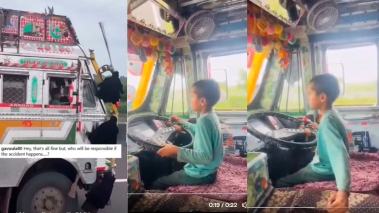 Minor boy driving truck on highway