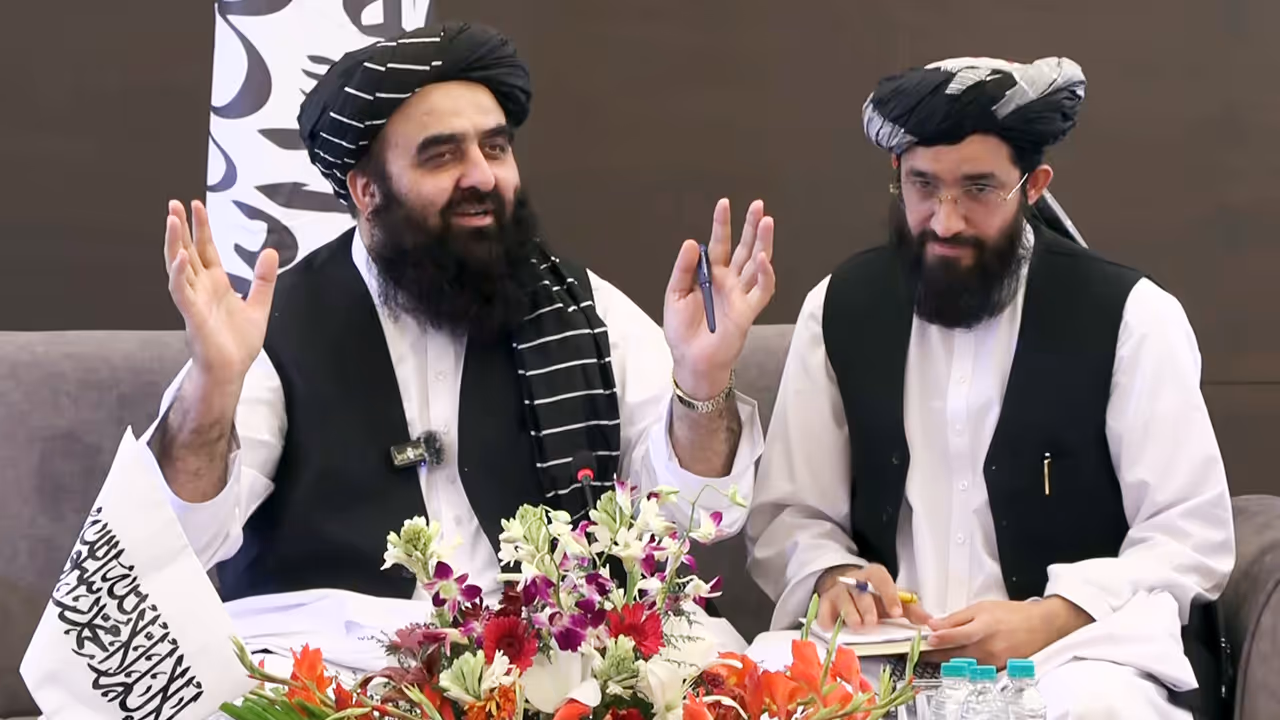 Afghanistan FM Amir Khan Muttaqi addresses a press conference in New Delhi