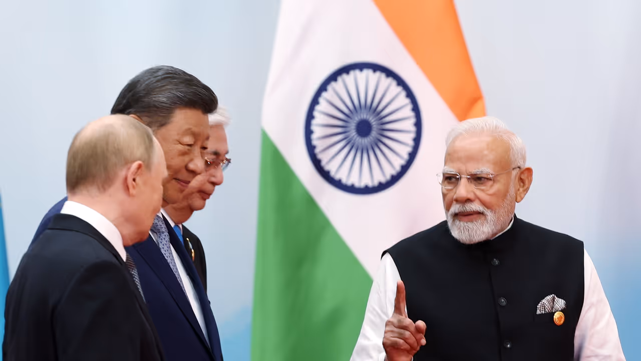 PM Modi, Chinese President Xi Jinping, and Russian President Vladimir Putin in conversation at the venue of the Shanghai Cooperation Council (SCO) Summit, in Tianjin, China