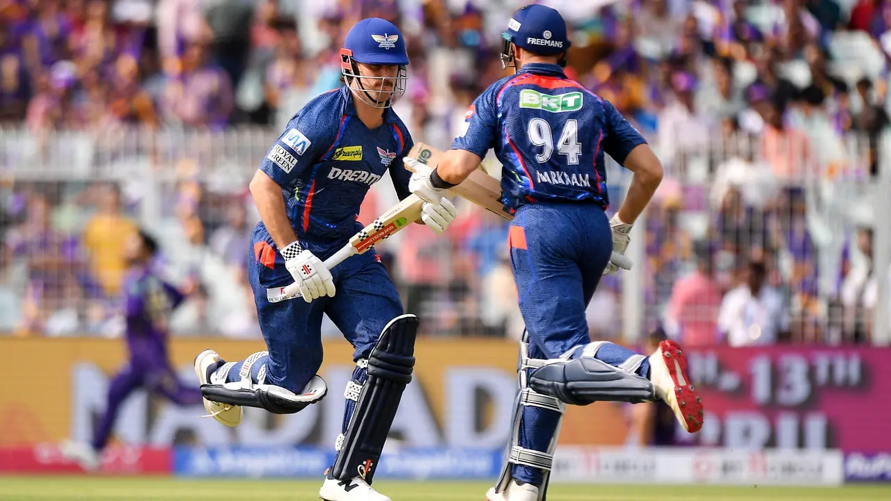 Lucknow Super Giants' Mitchell Marsh and Aiden Markram run between the wickets Lucknow Super Giants' Mitchell Marsh and Aiden Markram run between the wickets