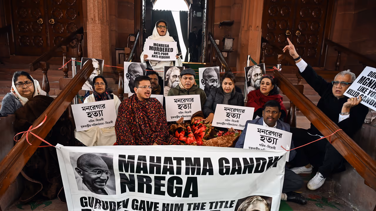 TMC MPs hold a protest over the MGNREGA issue at Parliament premises TMC MPs hold a protest over the MGNREGA issue at Parliament premises
