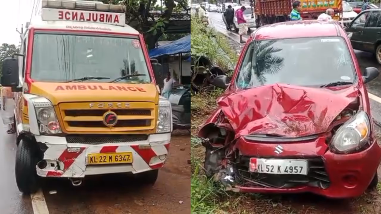 An ambulance carrying a patient collided with a car in Thrissur An ambulance carrying a patient collided with a car in Thrissur