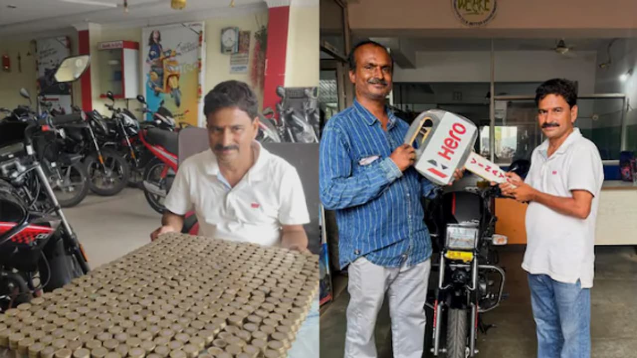 Telangana Man Buys Rs 1.10 Lakh Bike Using Only Rs 10 Coins Telangana Man Buys Rs 1.10 Lakh Bike Using Only Rs 10 Coins