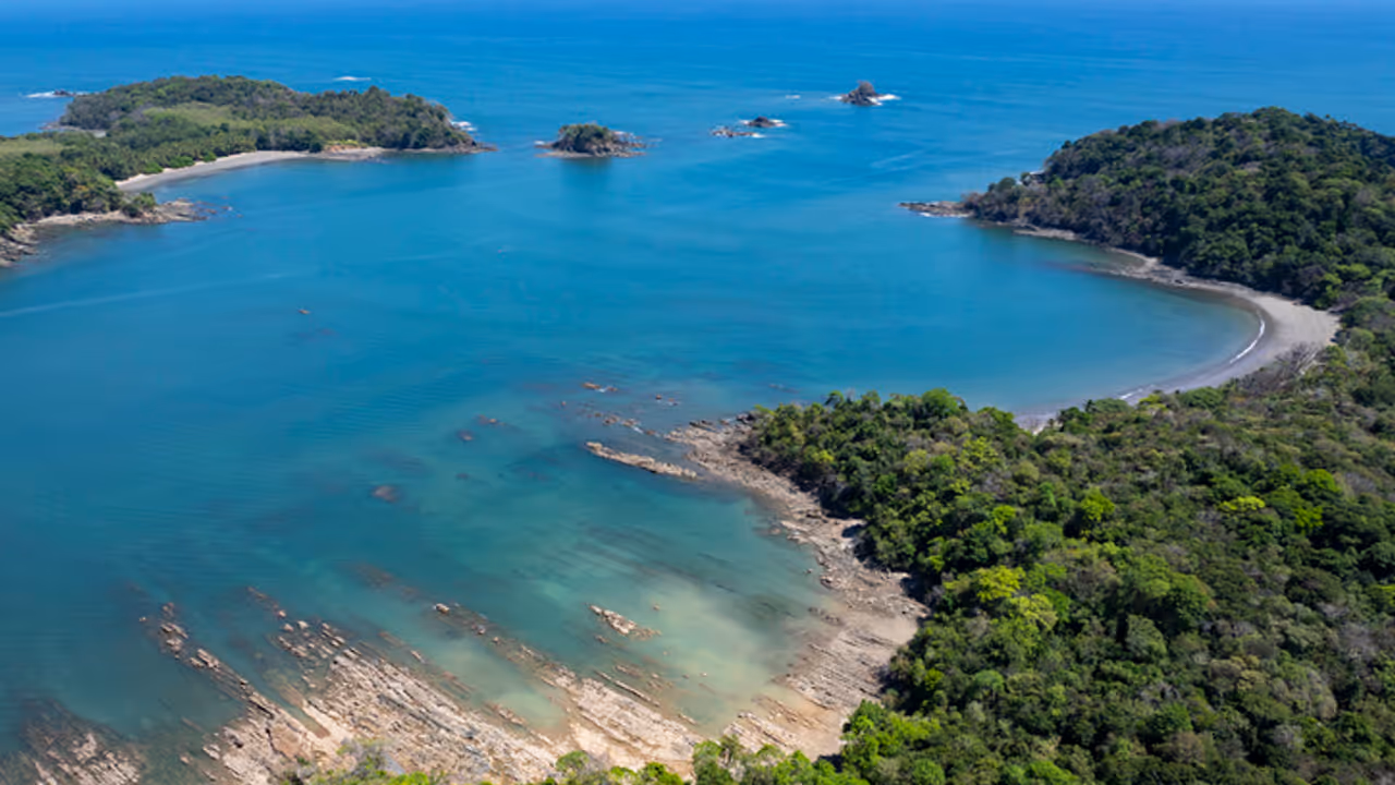 Aerial View of Boca Chica's Remote Coastline and Pristine Rainforest, Chiriquí Bay National Marine Park, Panama