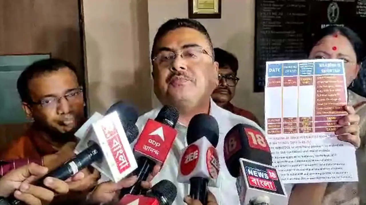 Suvendu Adhikari raises slogans againSuvendu Adhikari raises slogans against TMC Vidyut Bhaben of Salt Lake due to Alleged load shedding bsmst TMC Vidyut Bhaben of Salt Lake due to Alleged load shedding bsm