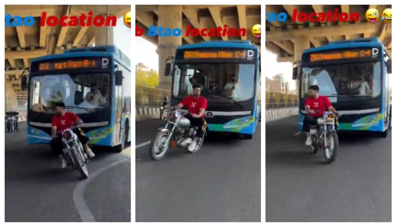 Bullet rider caught stunt in front of bus