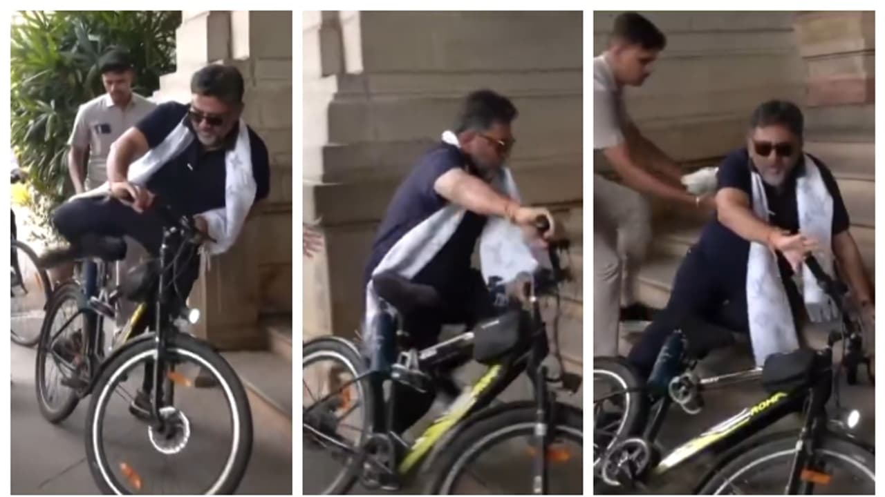 DK shivakumar falls off cycle at vidhana soudha in bengaluru