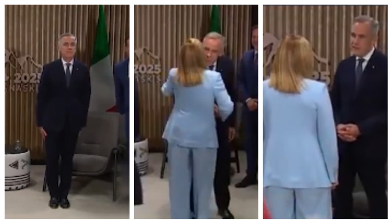 Canadian PM Mark Carney Jumps As Italy's Giorgia Meloni Enters Room For Bilateral Meeting