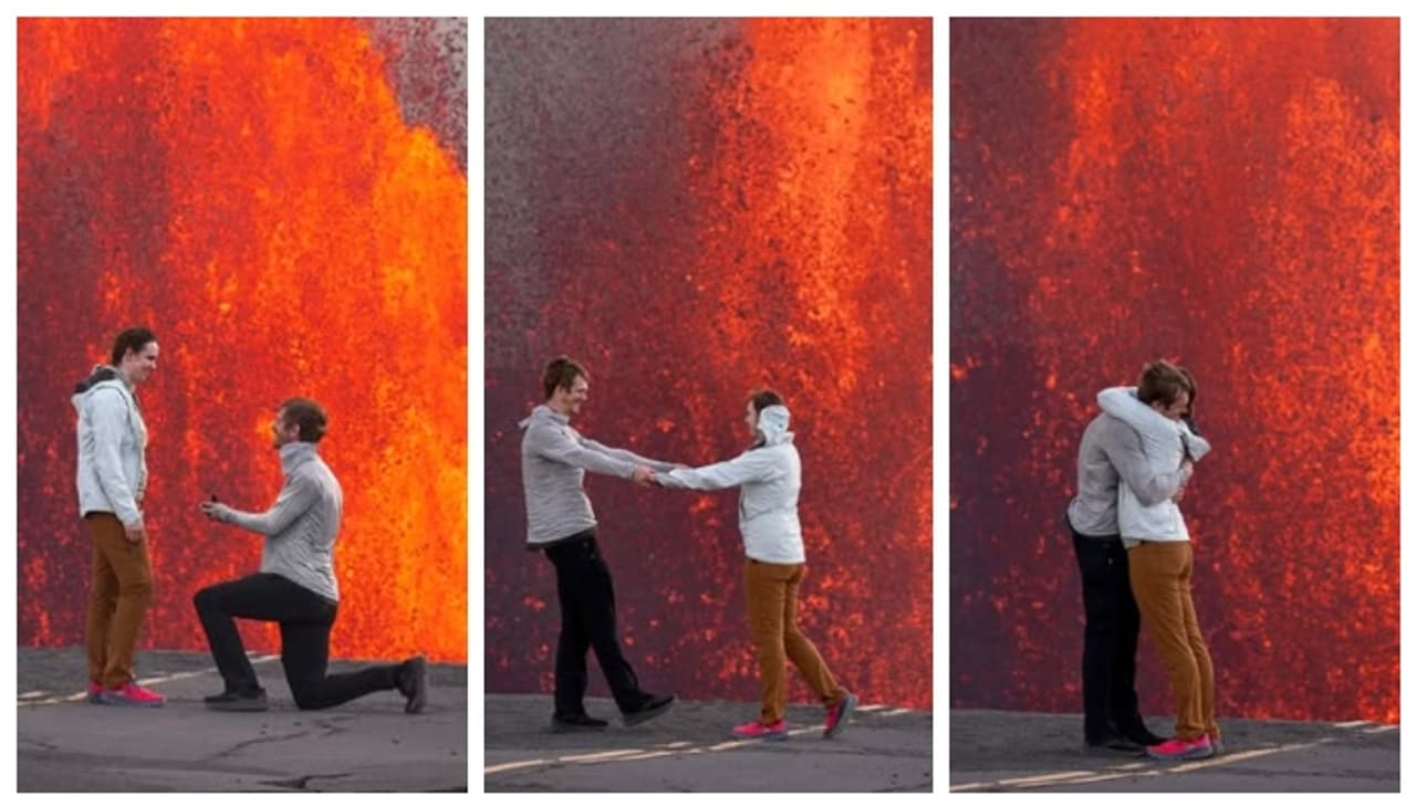 Couple gets engaged in front of volcano