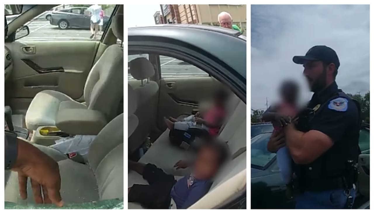 Georgia police break car window to rescue children left in hot car by father Georgia police break car window to rescue children left in hot car by father