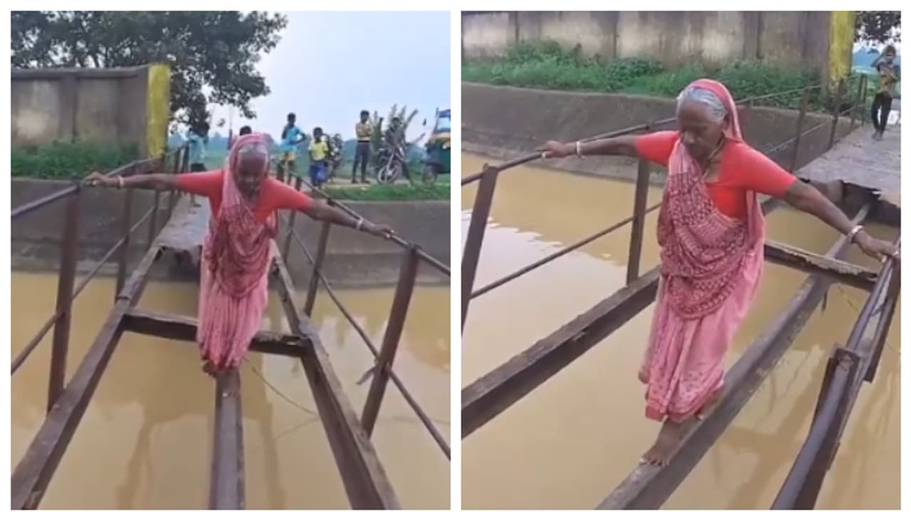 Jharkhand Old Woman Crossing Crumbling Bridge Jharkhand Old Woman Crossing Crumbling Bridge