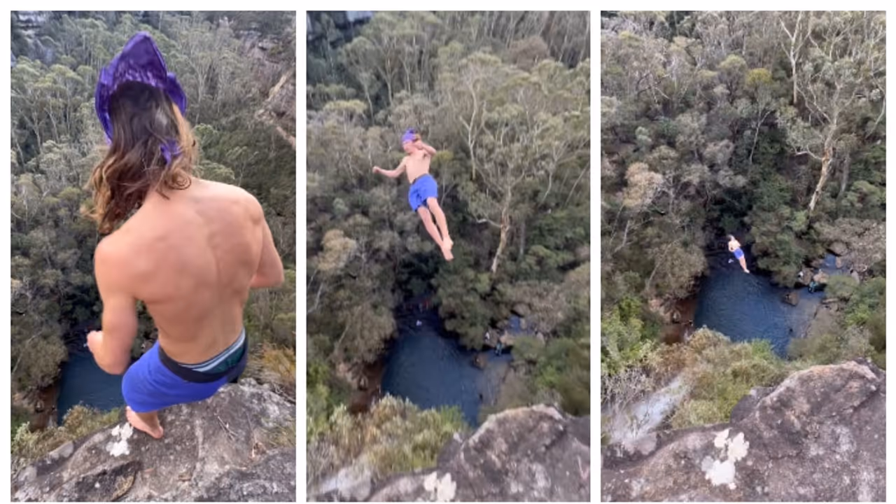 Death dive from a 42 meter high rock attempt fails Death dive from a 42 meter high rock attempt fails