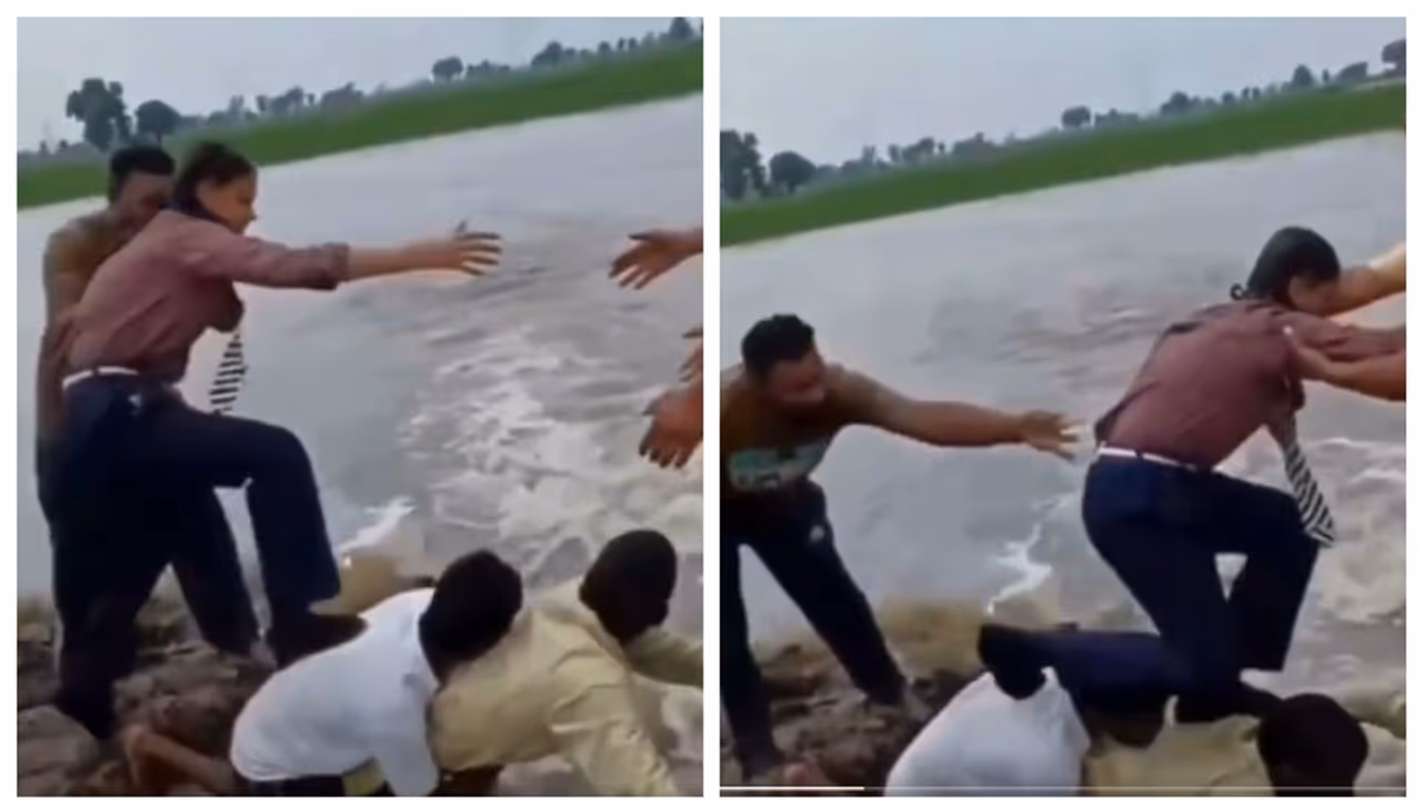 Road wash away in heavy rains in punjab villages help childeren to cross Road wash away in heavy rains in punjab villages help childeren to cross