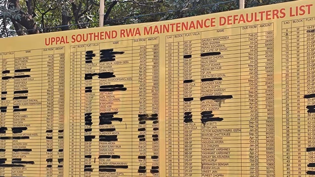 Gurugram housing society has publicly listed the names of residents with overdue maintenance dues at its entrance gate Gurugram housing society has publicly listed the names of residents with overdue maintenance dues at its entrance gate