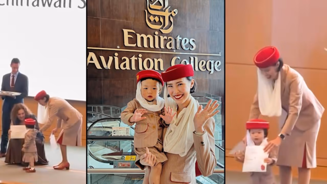 Emirates Flight Attendant Graduates With Toddler in Matching Uniform Emirates Flight Attendant Graduates With Toddler in Matching Uniform