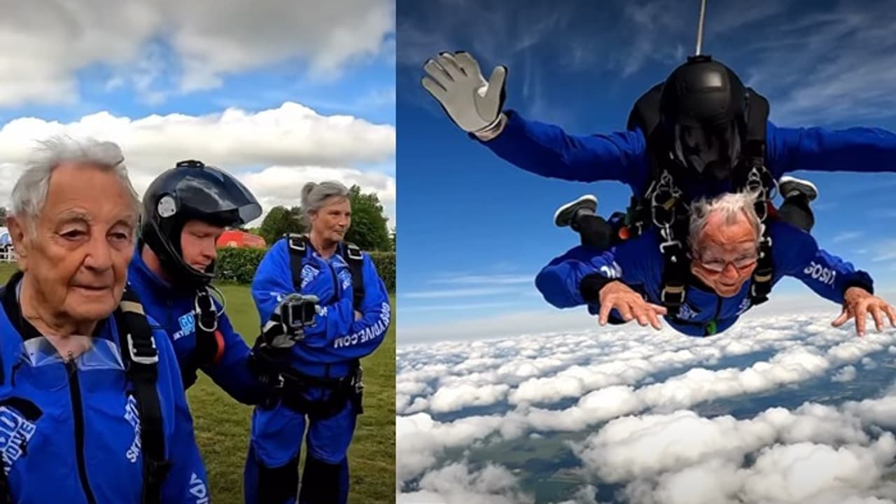 WATCH VIRAL VIDEO: 91 Year Old Man Skydives For Charity, Raises Over Rs 4 Lakh And Wins Hearts WATCH VIRAL VIDEO: 91 Year Old Man Skydives For Charity, Raises Over Rs 4 Lakh And Wins Hearts