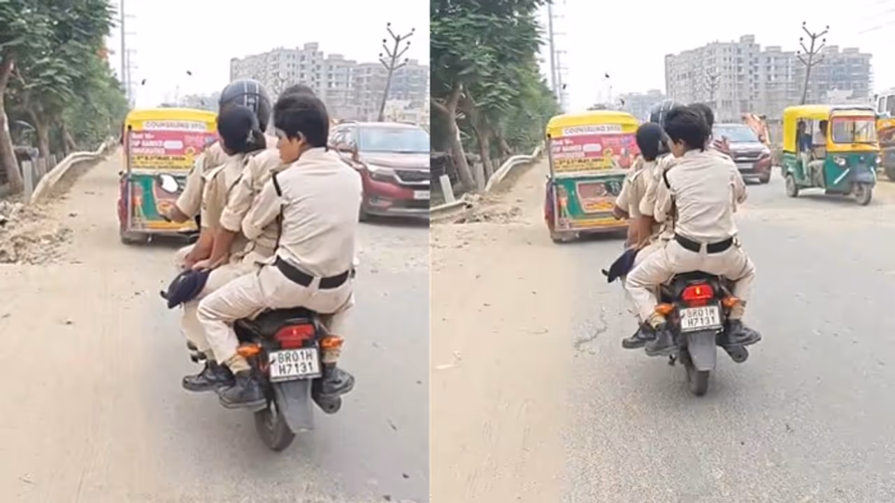 Viral Video: Four Bihar Cops Caught Riding Triple Plus One on Bike, Internet Calls Out Double Standards (WATCH) Viral Video: Four Bihar Cops Caught Riding Triple Plus One on Bike, Internet Calls Out Double Standards (WATCH)