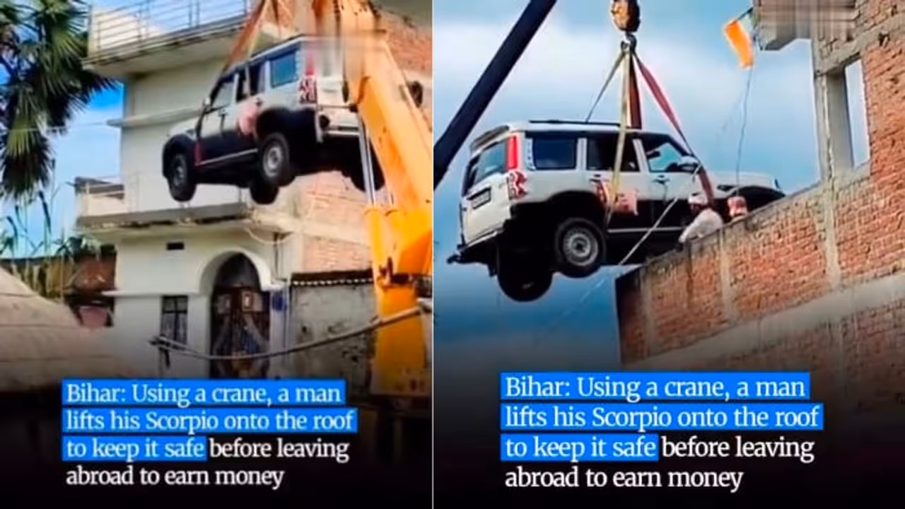 WATCH: Bihar Man Lifts Scorpio To House Roof With Crane Before Going Abroad, Video Goes Viral WATCH: Bihar Man Lifts Scorpio To House Roof With Crane Before Going Abroad, Video Goes Viral