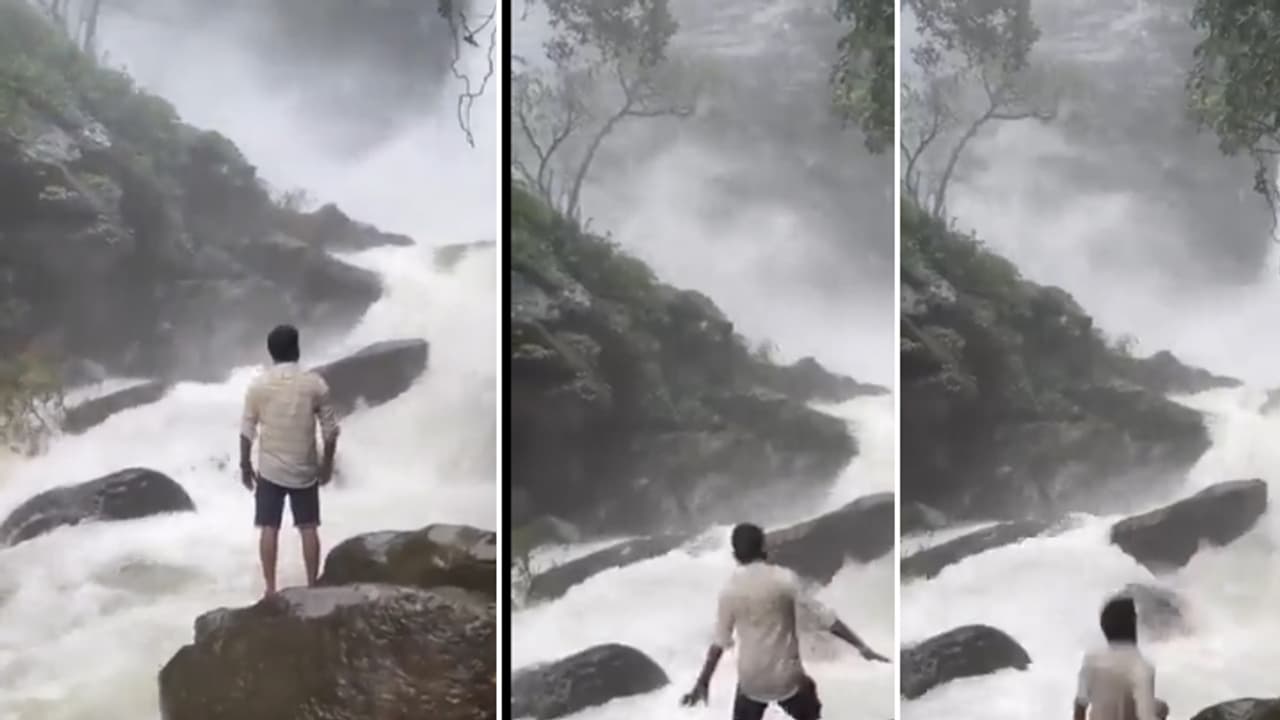 Shocking video Karnataka man washes away at Arasinagundi falls Shocking video Karnataka man washes away at Arasinagundi falls