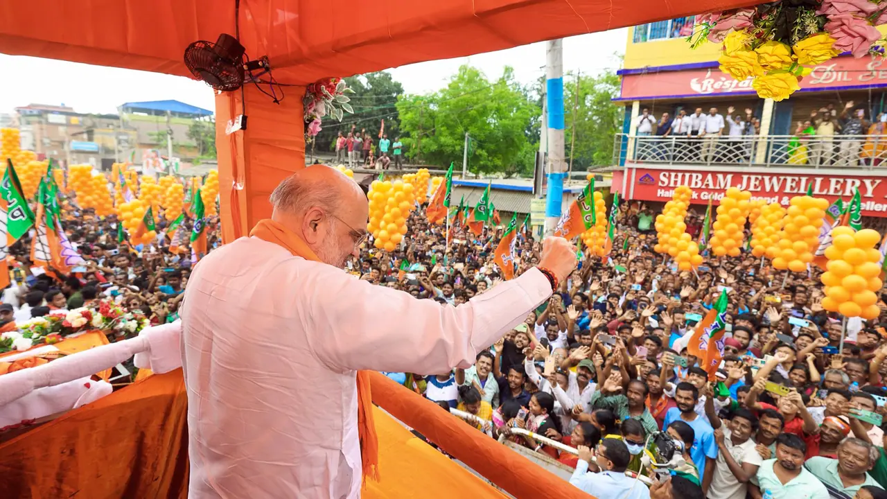 Union Home Minister Amit Shah during an election campaign in Kaliaganj Union Home Minister Amit Shah during an election campaign in Kaliaganj