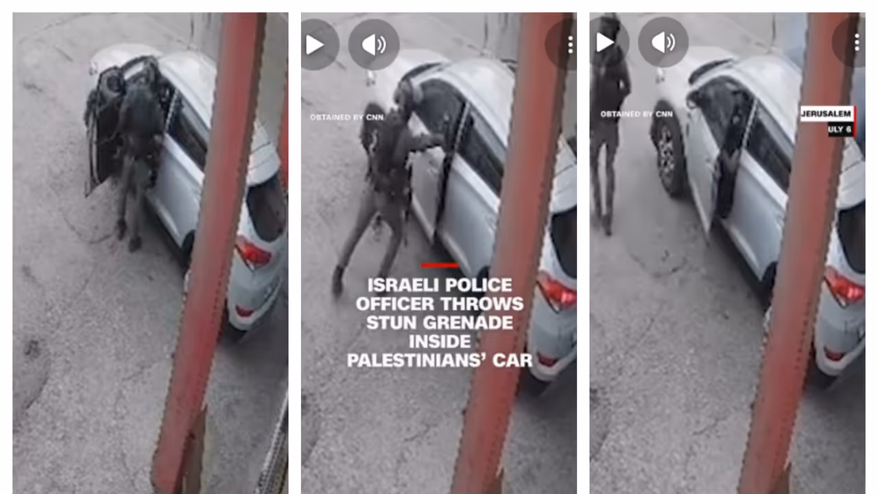 Israel police office throw sten granade inside palestinians car Israel police office throw sten granade inside palestinians car