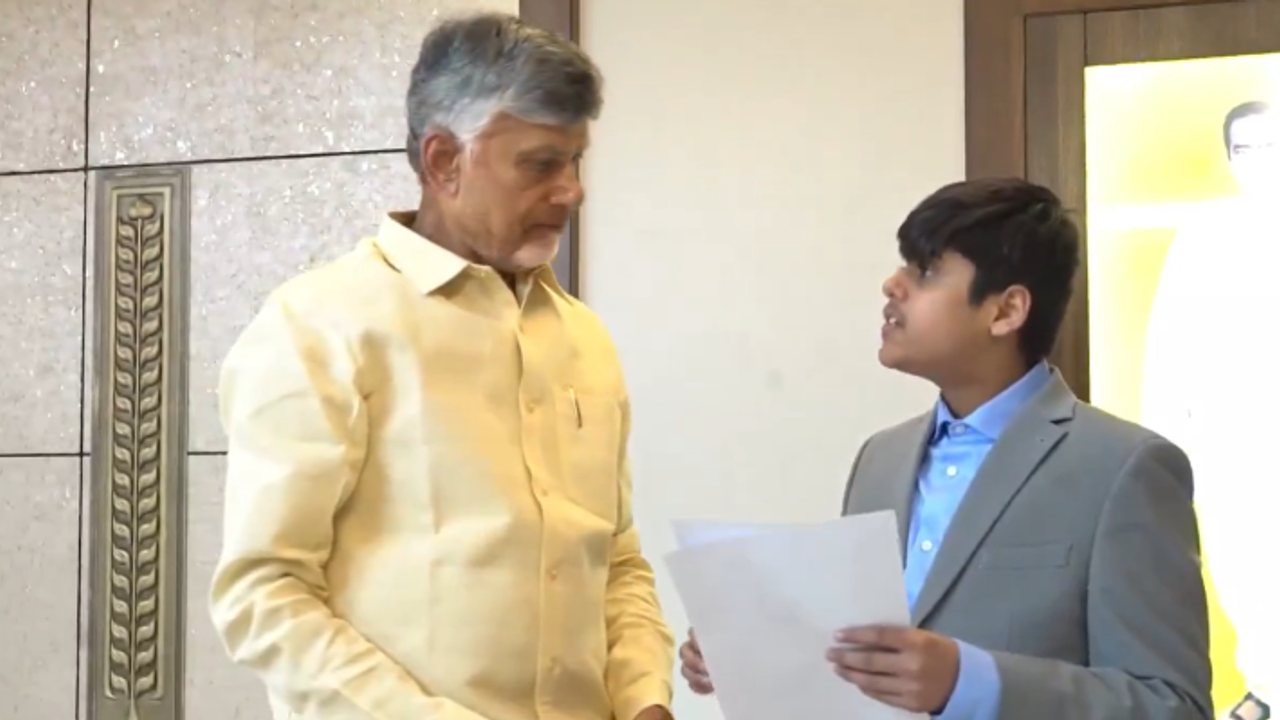 CM Chandra Babu Naidu with 12 years old boy who made AI for heart disease detection CM Chandra Babu Naidu with 12 years old boy who made AI for heart disease detection