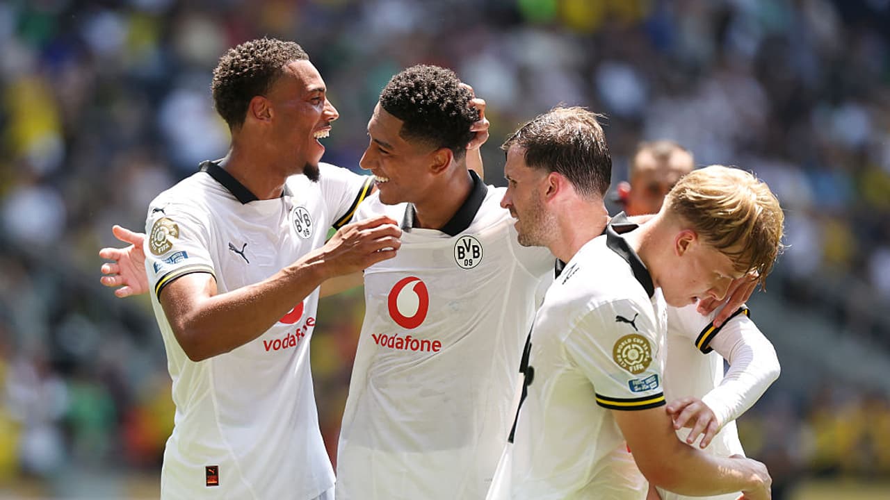 Jobe Bellingham celebrating with Dortmund teammates Jobe Bellingham celebrating with Dortmund teammates