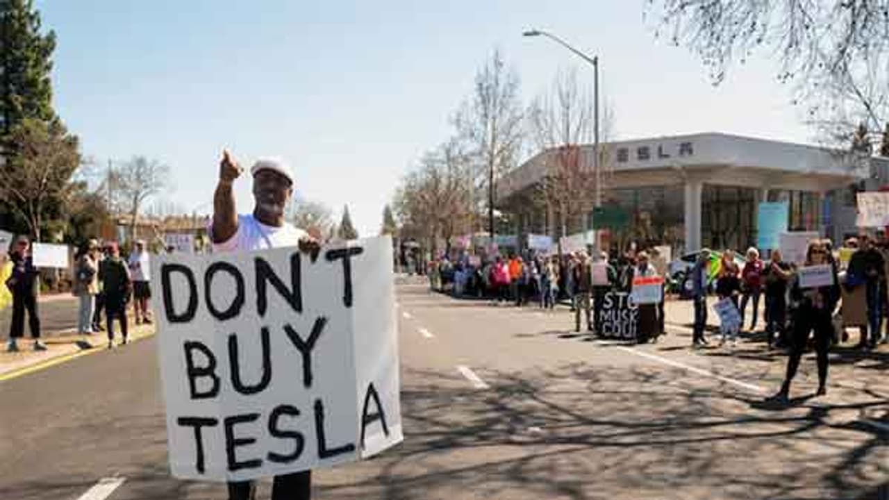 People protest against Tesla and Elon Musk outside of a Tesla dealership in Palo Alto, California (Image/Reuters) People protest against Tesla and Elon Musk outside of a Tesla dealership in Palo Alto, California (Image/Reuters)