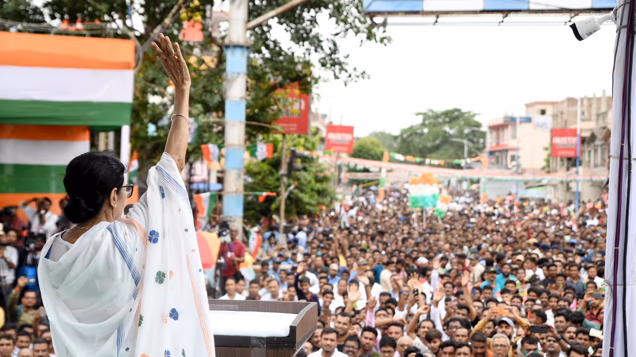 CM Mamata Banerjee leads a protest rally against alleged atrocities on Bengalis