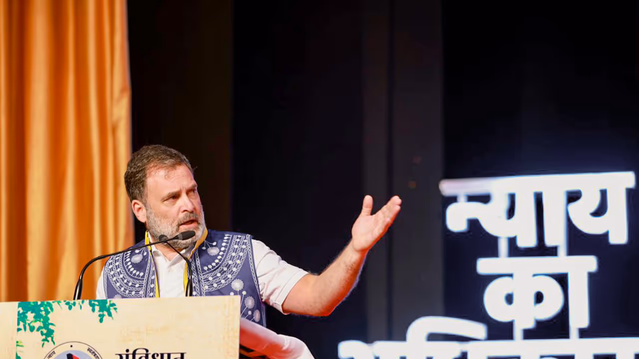 Lok Sabha LoP Rahul Gandhi speaks during Adivasi Adhikar Samvidhan Sammelan Lok Sabha LoP Rahul Gandhi speaks during Adivasi Adhikar Samvidhan Sammelan