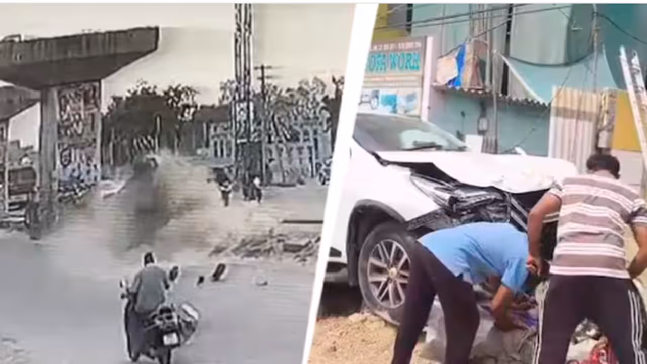 Hyderabad Accident: Fortuner Hits Hyundai i10, Crashes Into Electricity Pole; CCTV Video Goes Viral (WATCH) Hyderabad Accident: Fortuner Hits Hyundai i10, Crashes Into Electricity Pole; CCTV Video Goes Viral (WATCH)