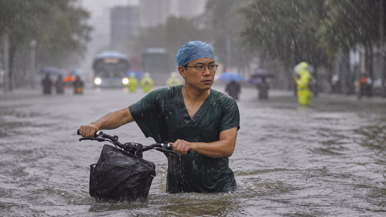 Chinese Doctor Becomes Hero After Braving Floodwaters on Bicycle for Surgeries Chinese Doctor Becomes Hero After Braving Floodwaters on Bicycle for Surgeries