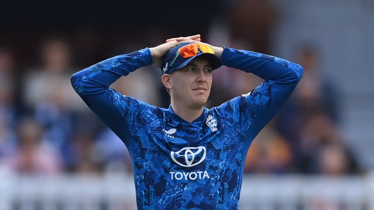 England's Harry Brook reacts during ODI clash against SA