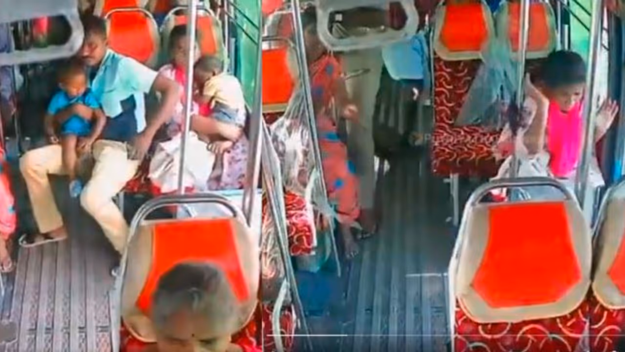 Toddler falls off bus due to sudden brake