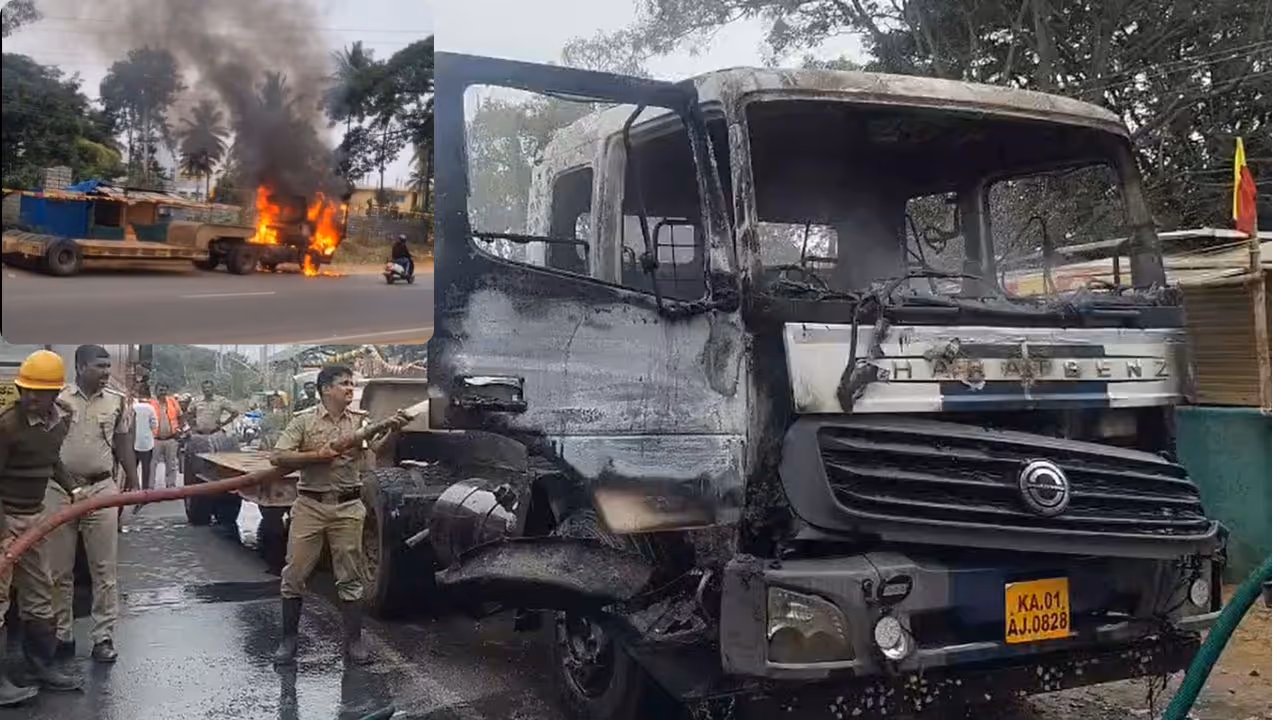 Burnt lorry near Somanahalli Toll after driver set vehicle on fire over unpaid salary Burnt lorry near Somanahalli Toll after driver set vehicle on fire over unpaid salary