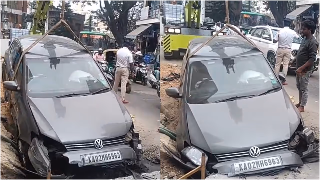 Car falls into uncovered pit on Seshadripuram Link Road, Bengaluru Car falls into uncovered pit on Seshadripuram Link Road, Bengaluru