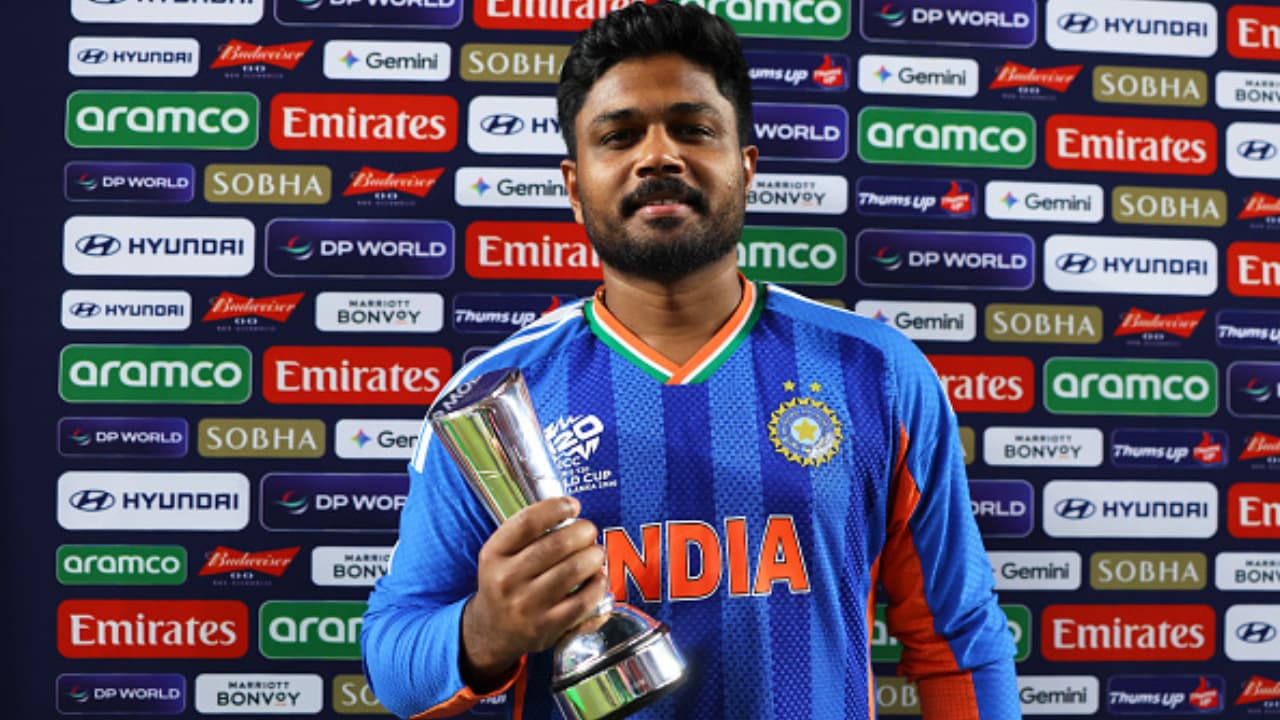 Sanju Samson poses for a photo with the Player Of The Tournament trophy after India's historic T20 WC 2026 triumph. Sanju Samson poses for a photo with the Player Of The Tournament trophy after India's historic T20 WC 2026 triumph.