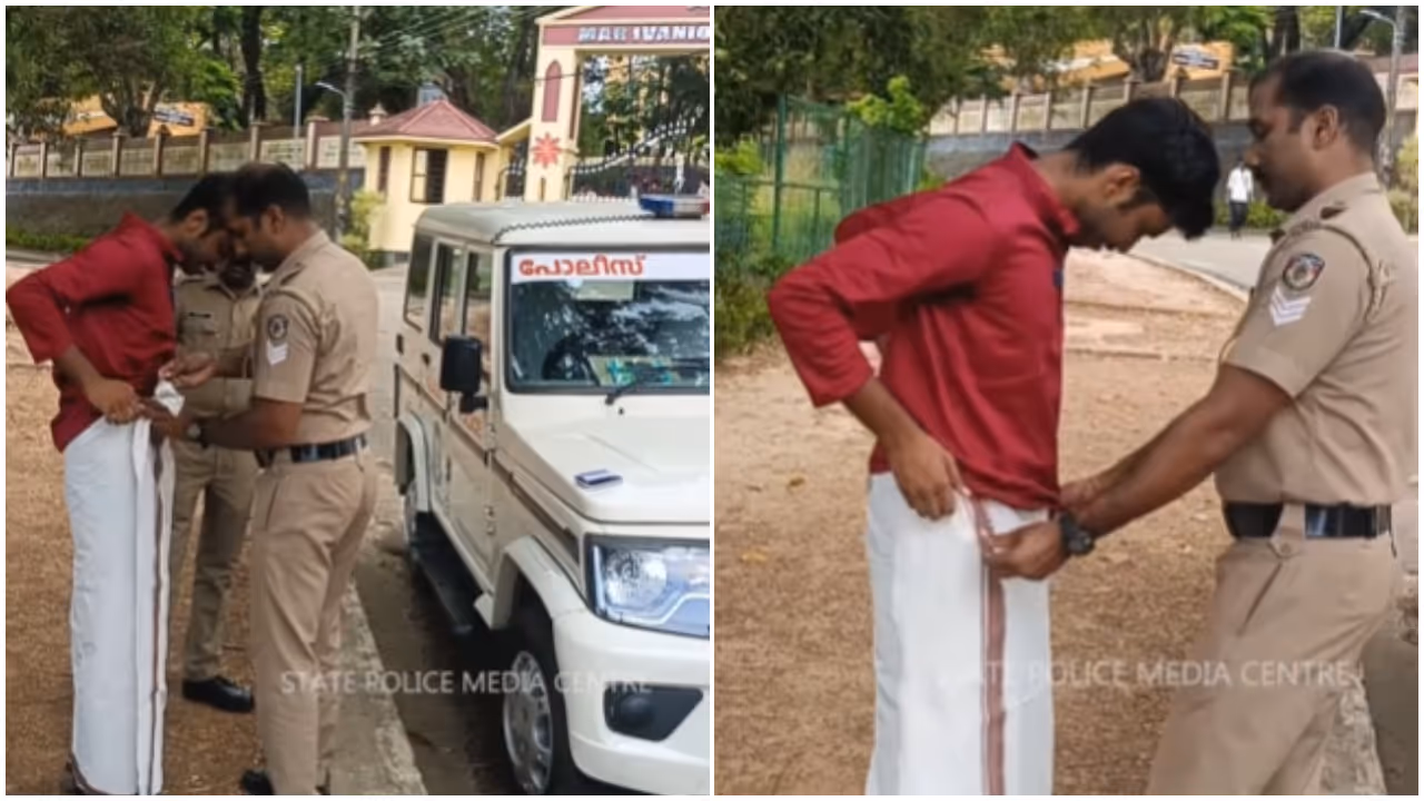kerala police help student to wear mundu kerala police help student to wear mundu