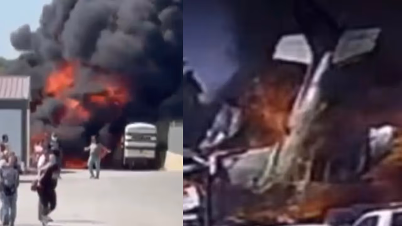 plane crashes into 18 wheeler in fiery explosion