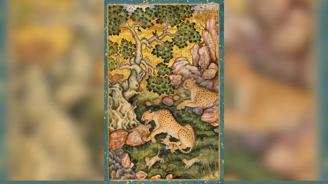  Basawans painting, A Family of Cheetahs in a Rocky Landscape