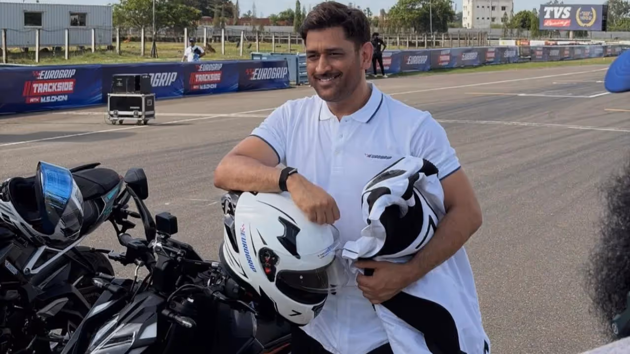 MS Dhoni Swaps Cricket for Speed, Tears Around Chennai Racetrack in Viral Bike Video MS Dhoni Swaps Cricket for Speed, Tears Around Chennai Racetrack in Viral Bike Video