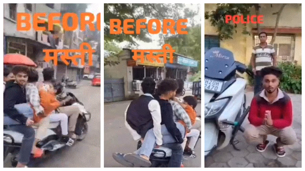 Five people rode on single scooter Five people rode on single scooter