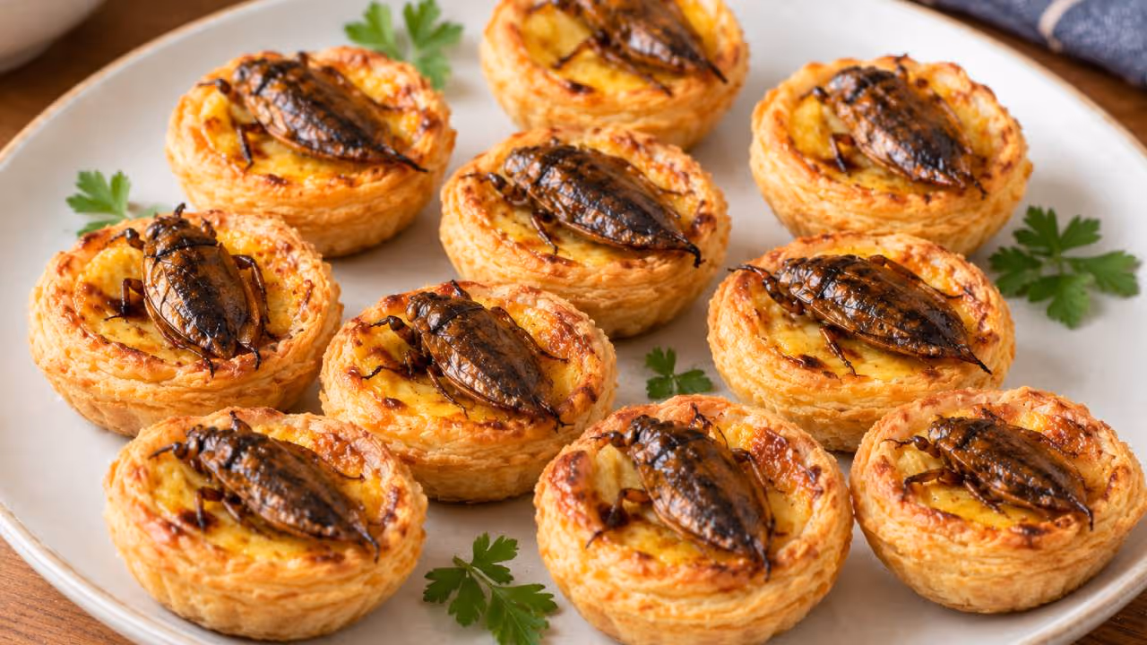 egg tarts topped with large fried insects egg tarts topped with large fried insects