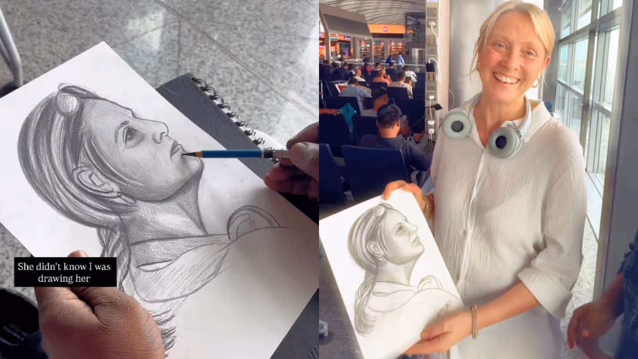 Stranger Sketches Foreigner at Airport Without Her Knowing, Her Reaction Wins the Internet Stranger Sketches Foreigner at Airport Without Her Knowing, Her Reaction Wins the Internet