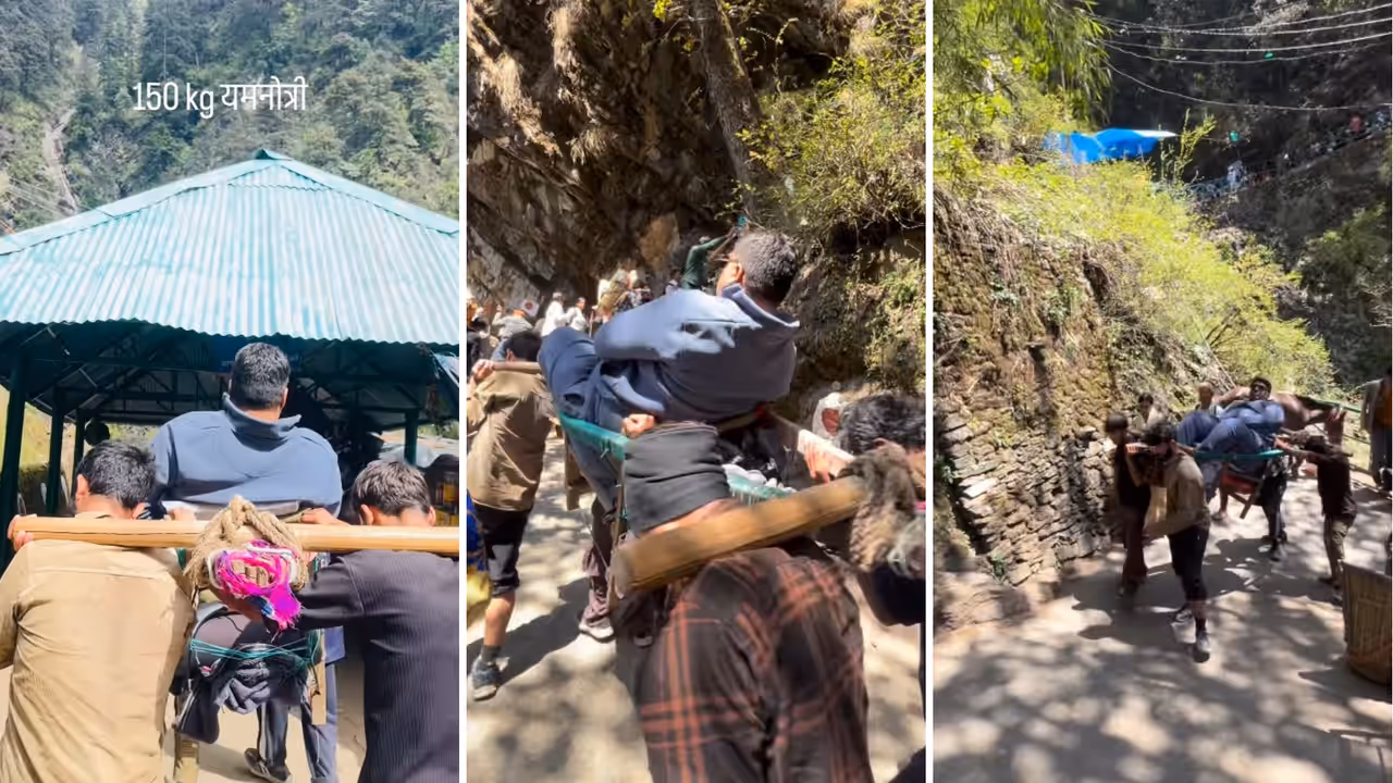 Viral Yamunotri Yatra Video Sparks Debate as Four Men Carry Heavy Pilgrim Uphill Viral Yamunotri Yatra Video Sparks Debate as Four Men Carry Heavy Pilgrim Uphill