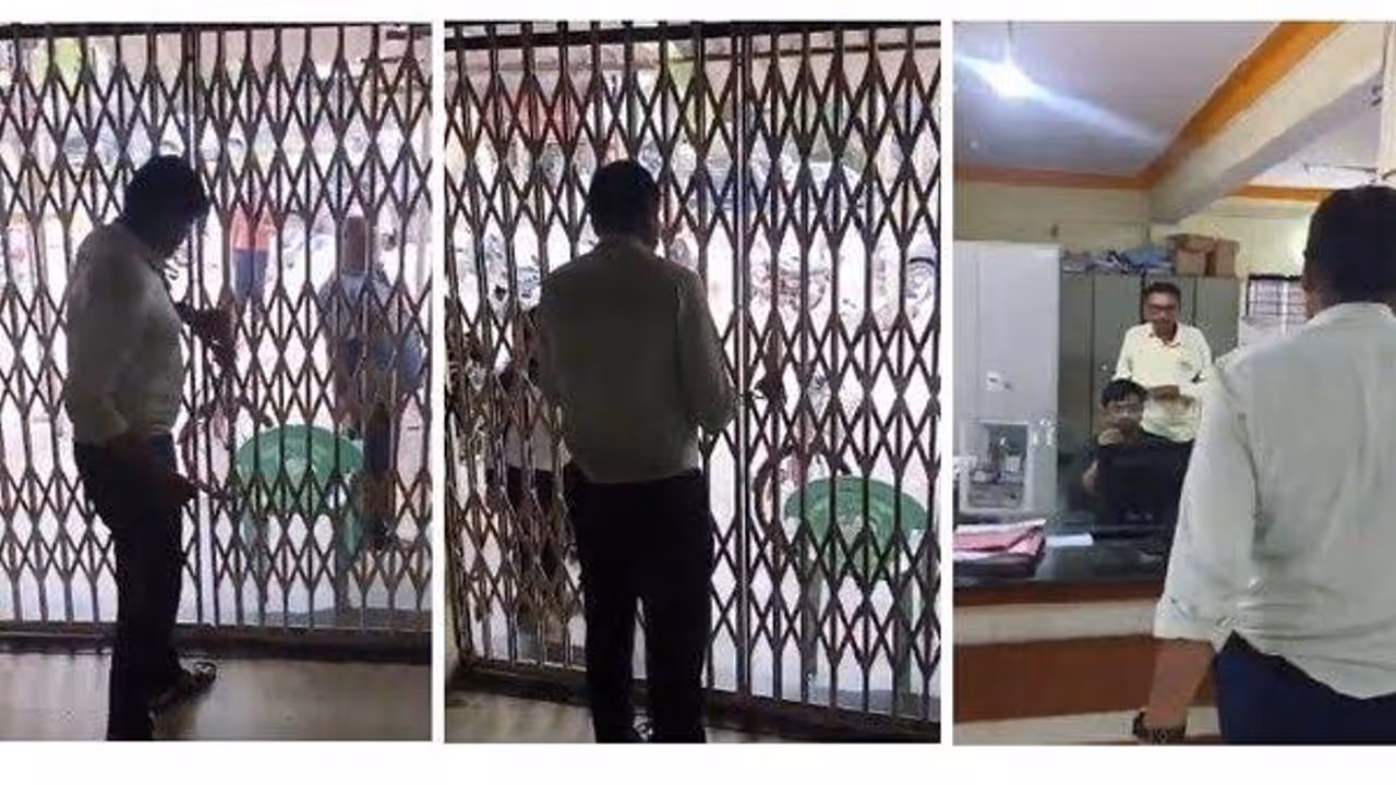 Karnataka Grameen bank manager locking a junior employee inside the office to demand overtime work.(Screengrab @X) Karnataka Grameen bank manager locking a junior employee inside the office to demand overtime work.(Screengrab @X)