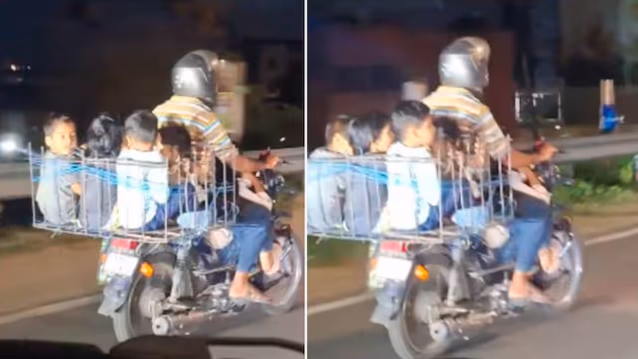 Karnataka Man Rides Bike With 5 Children Packed Into Metal Basket, Viral Video Sparks Outrage (WATCH) Karnataka Man Rides Bike With 5 Children Packed Into Metal Basket, Viral Video Sparks Outrage (WATCH)
