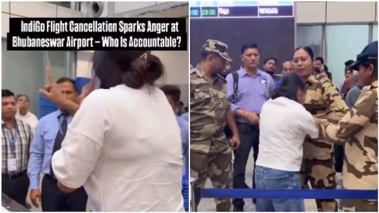 Woman Climbs Onto Luggage Belt, Screams At IndiGo Staff After Flight Cancelled At Bhubaneswar Airport Woman Climbs Onto Luggage Belt, Screams At IndiGo Staff After Flight Cancelled At Bhubaneswar Airport